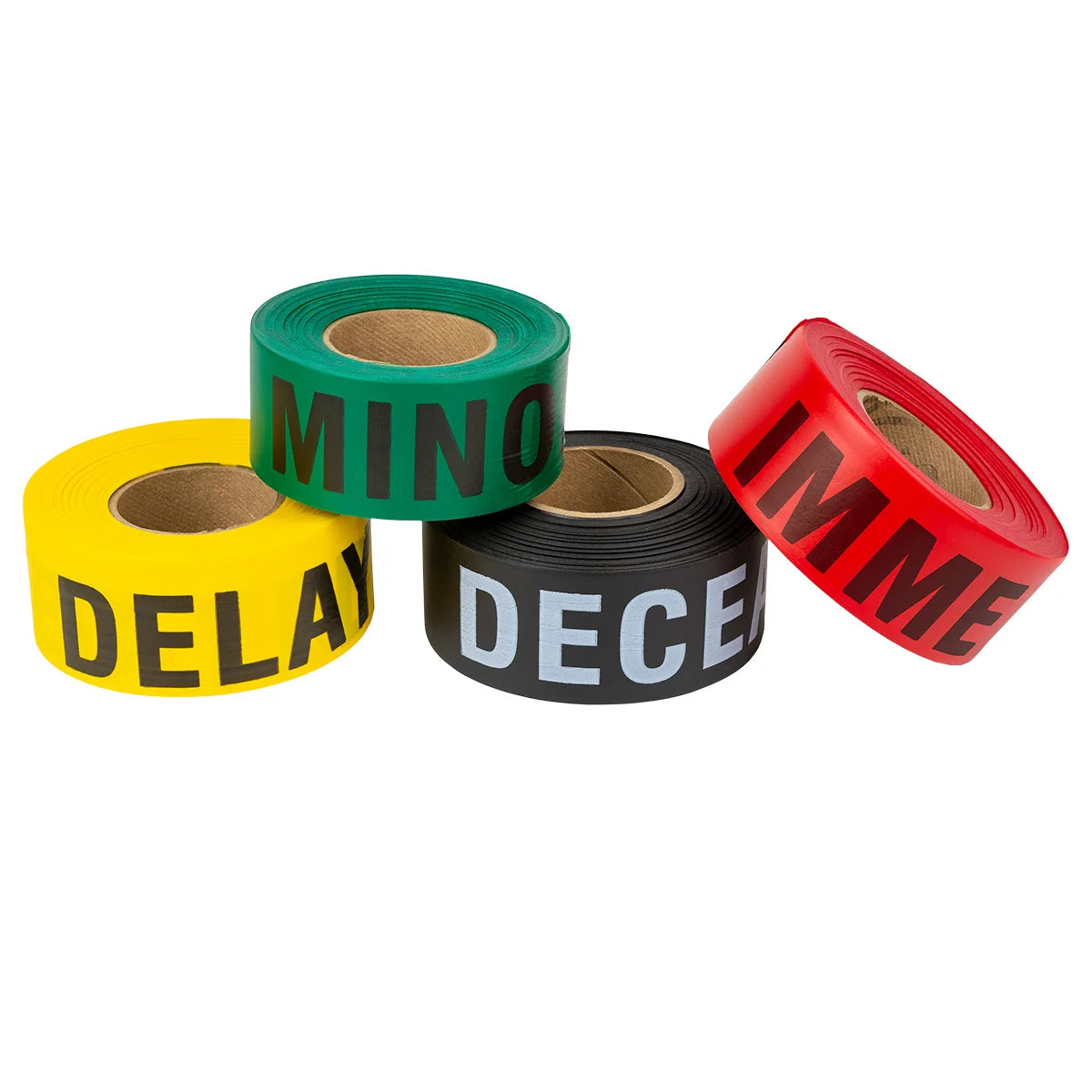 Triage Printed Flagging Tape. Set of 4, Black, Yellow, Red, Green