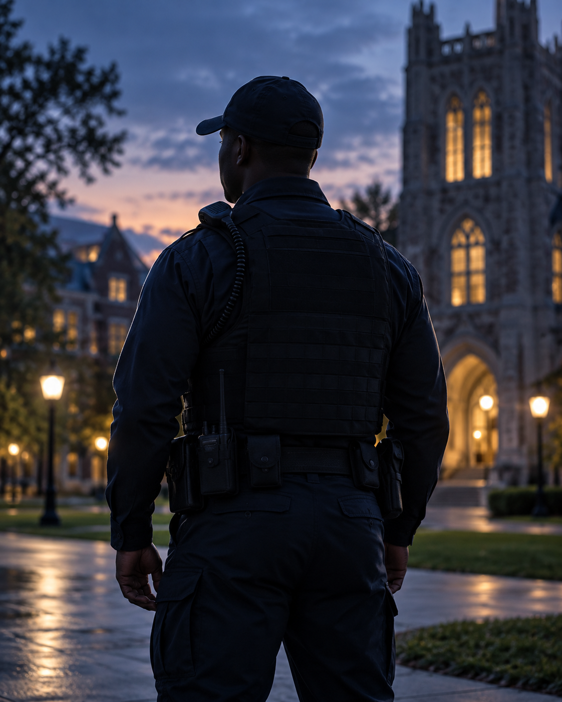 Illustrative campus officer wearing body armor.
